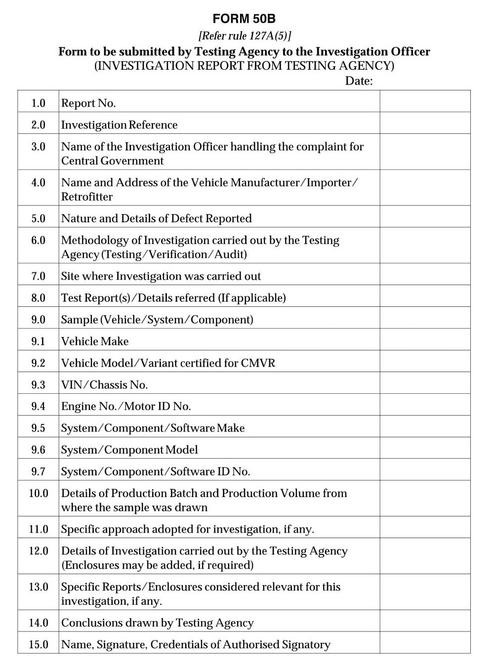 Vehicle Recall Form 50B Download submitted by Testing Agency to the Investigation Officer