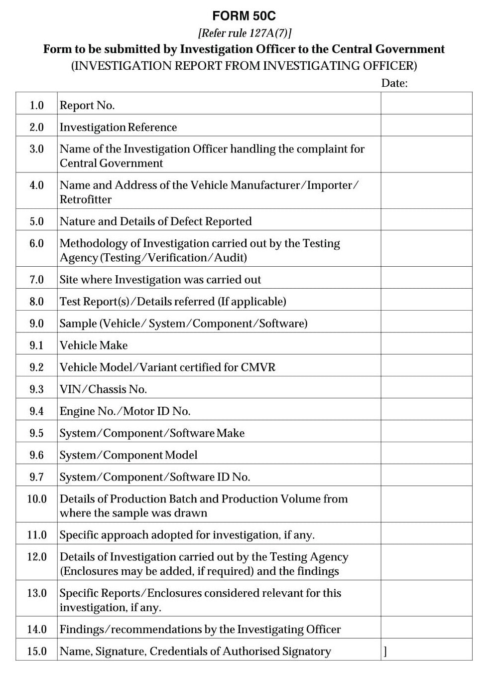 Vehicle Recall Form 50C Download submitted by Investigation Officer to the Central Government
