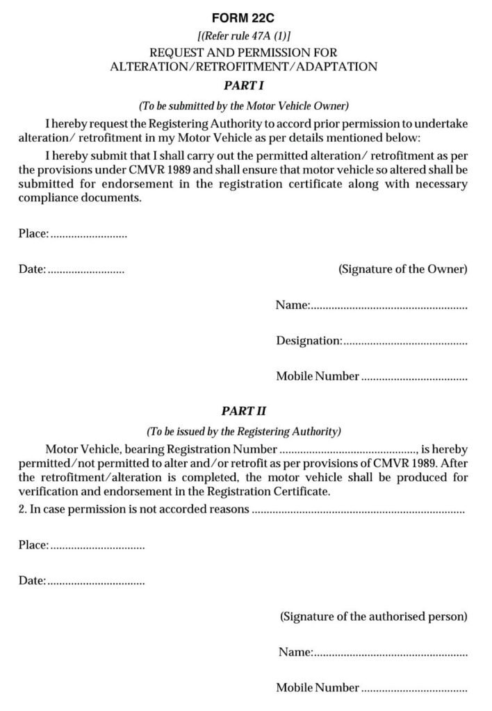 Vehicles Related Form 22C Download Request and permission for alteration