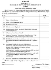 Vehicles Related Form 22D Download Endorsement of alteration / Retrofitment