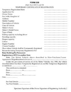 Vehicles Related Form 23B Download Temporary certificate of registration