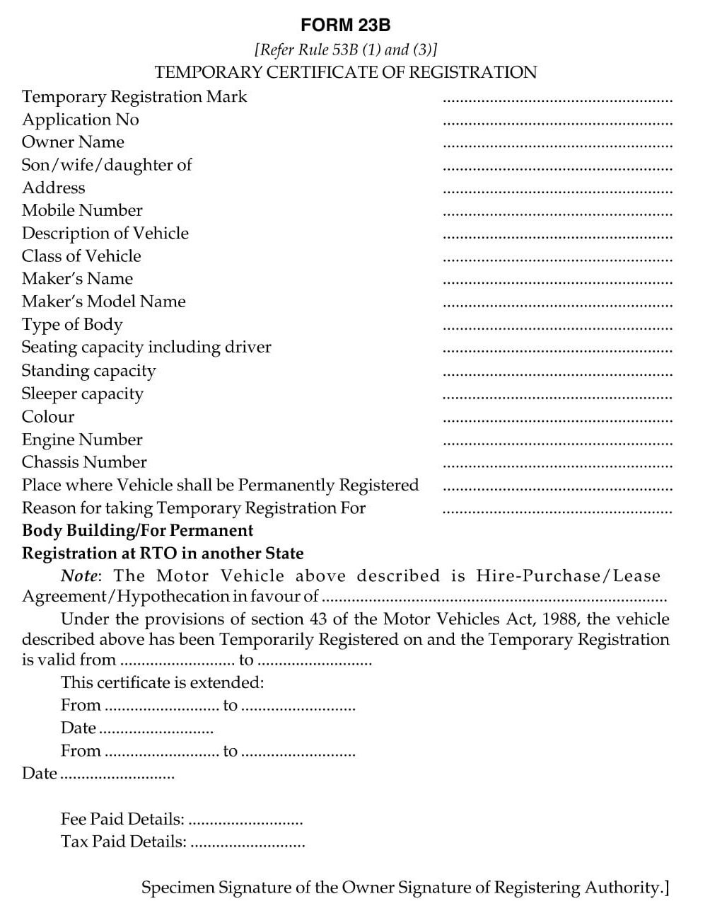 Vehicles Related Form 23B Download Temporary certificate of registration