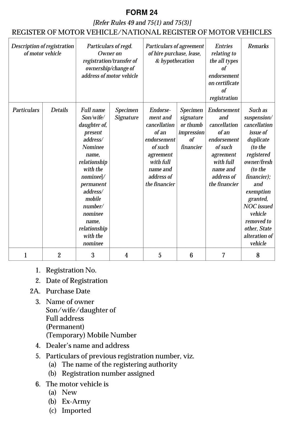 Vehicles Related Form 24 Download Registration of Motor Vehicle