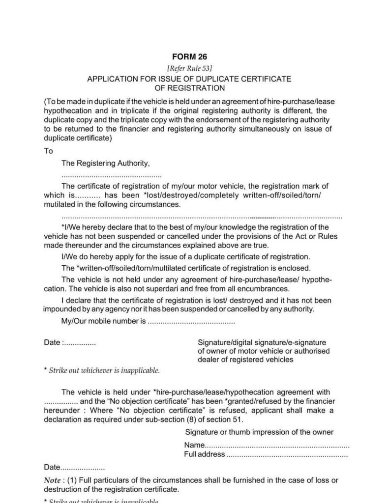 Vehicles Related Form 26 Download Application for the Issue of ...