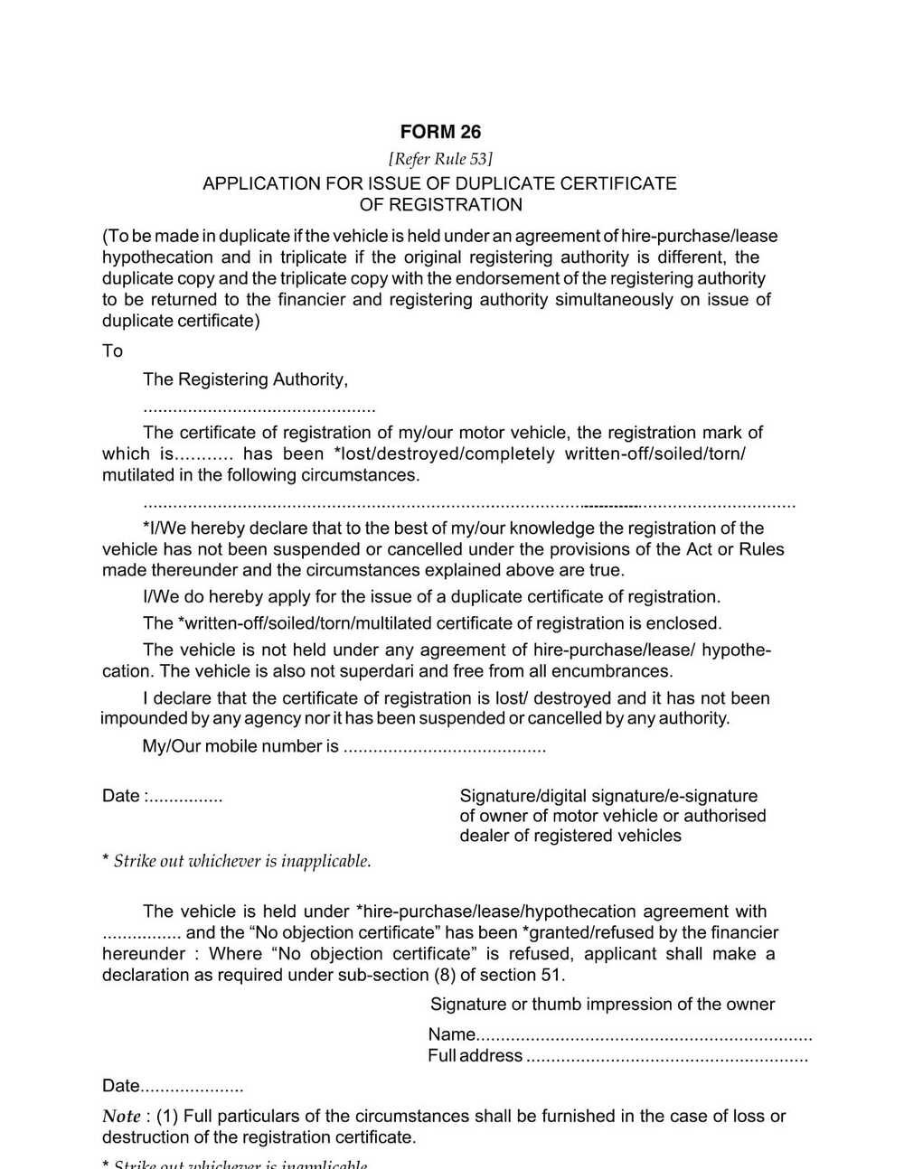 Vehicles Related Form 26 Download Application for the Issue of Duplicate Certificate of Registration