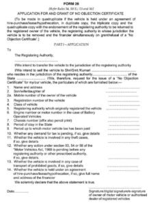 Vehicles Related Form 28 Download Application and Grant of No Objection Certificate