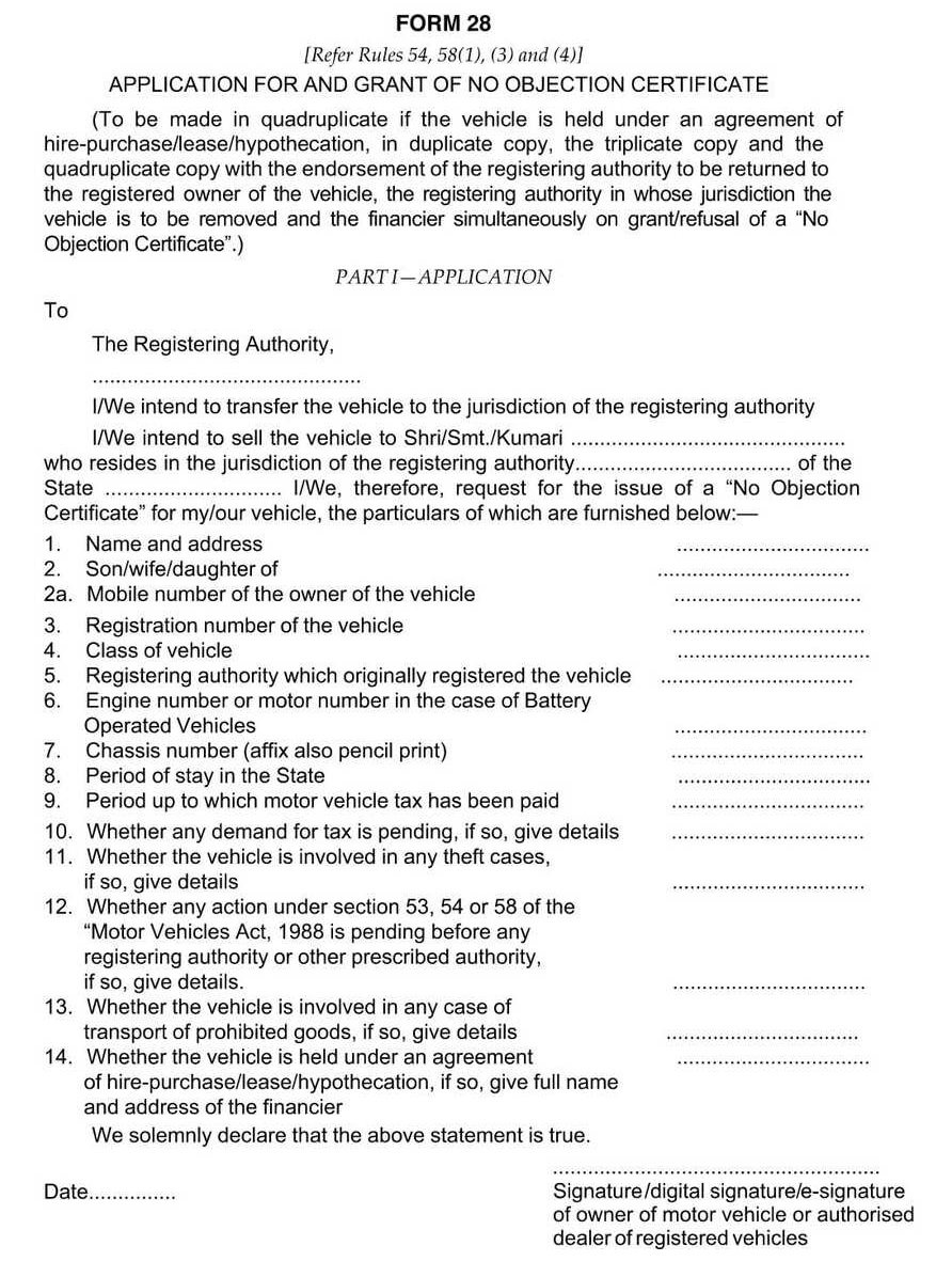 Vehicles Related Form 28 Download Application and Grant of No Objection Certificate