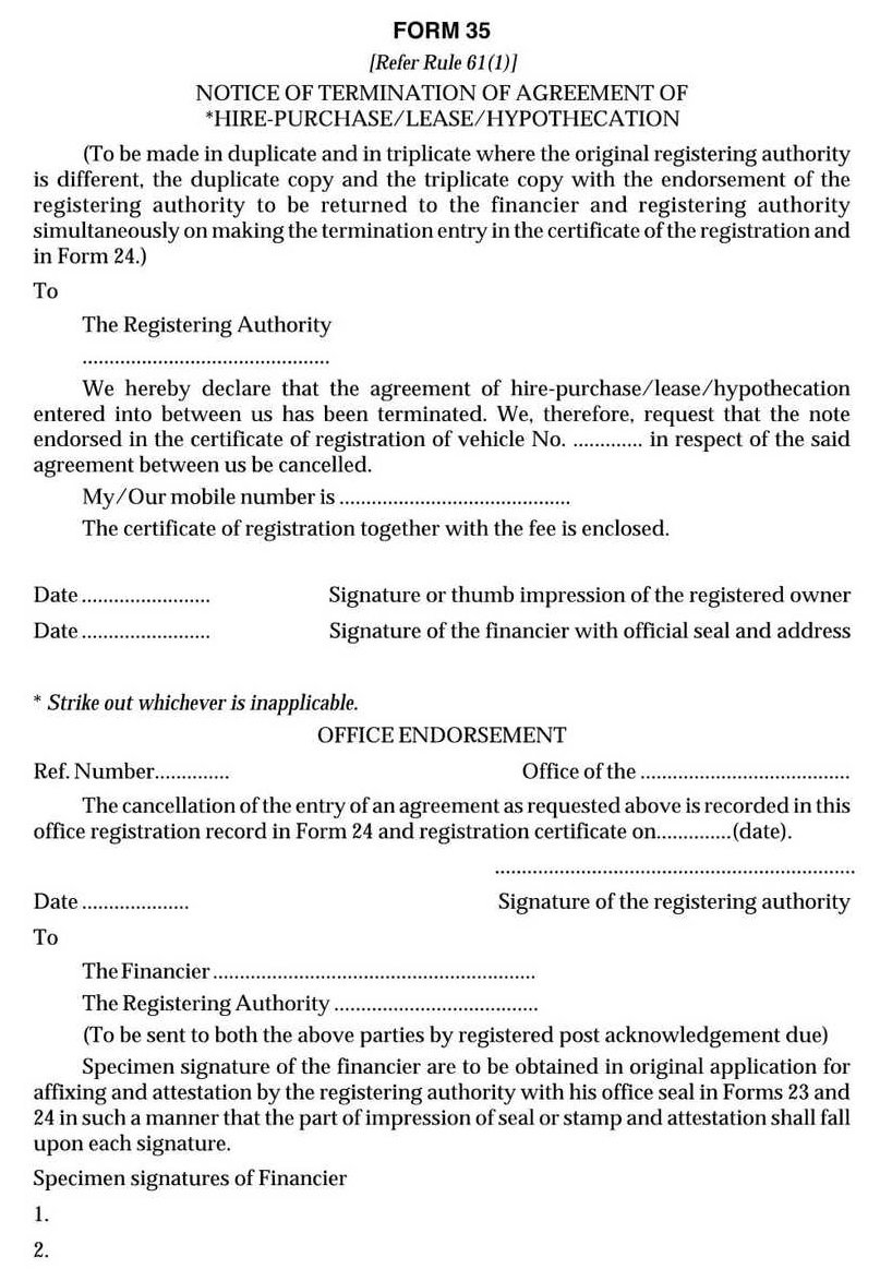Vehicles Related Form 35 Download Notice of Termination of an Agreement of Hire-Purchase