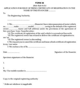 Vehicles Related Form 36 Download Application for Issue of a Fresh Certificate of Registration