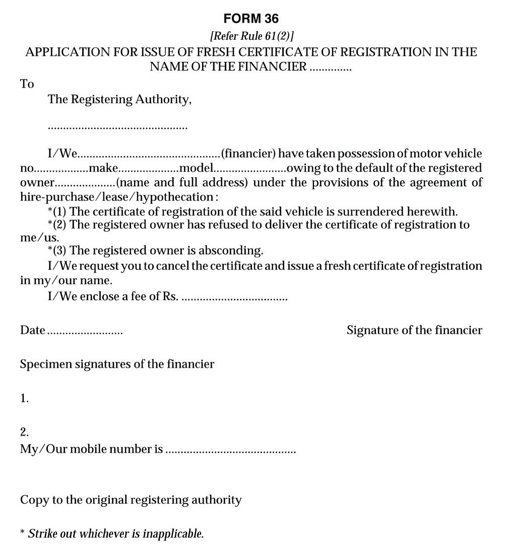 Vehicles Related Form 36 Download Application for Issue of a Fresh Certificate of Registration