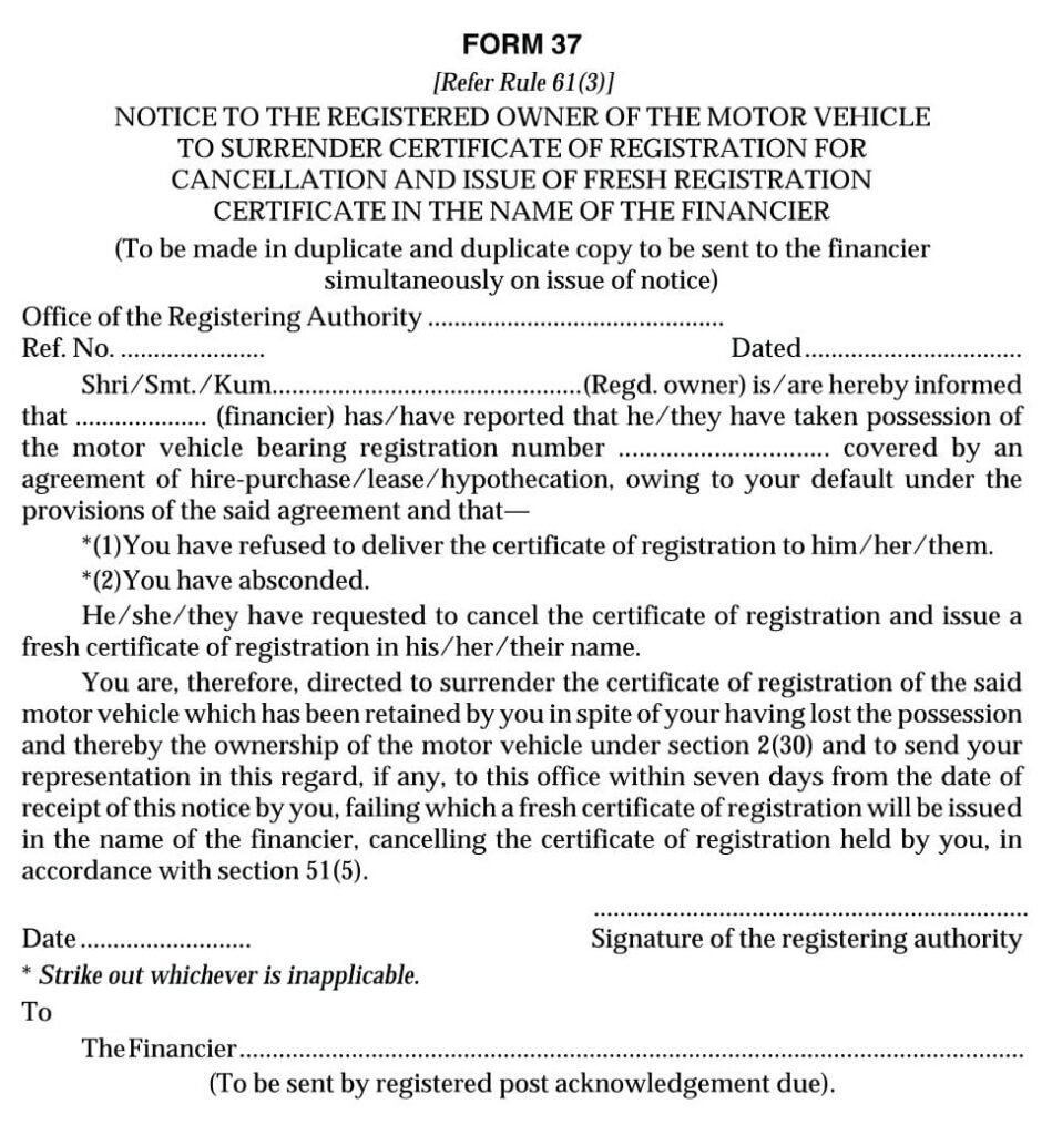 Vehicles Related Form 37 Download Notice to the Registered Owner of the ...