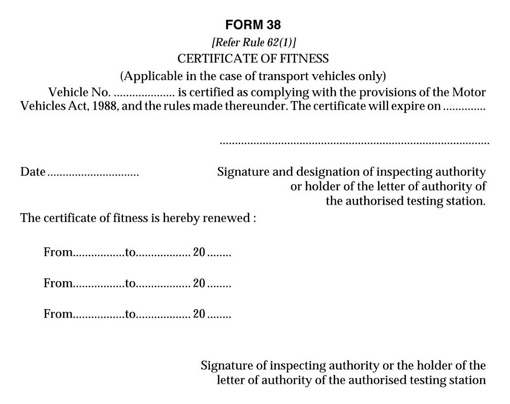 Vehicles Related Form 38 Download Certificate of Fitness