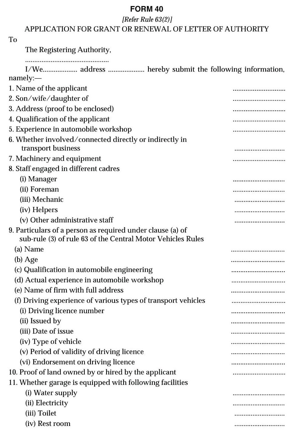 Vehicles Related Form 40 Download Application Form for Grant or Renewal