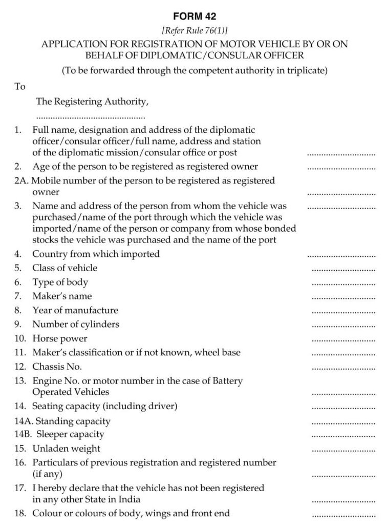 Vehicles Related Form 42 Download Application for Registration of Motor ...