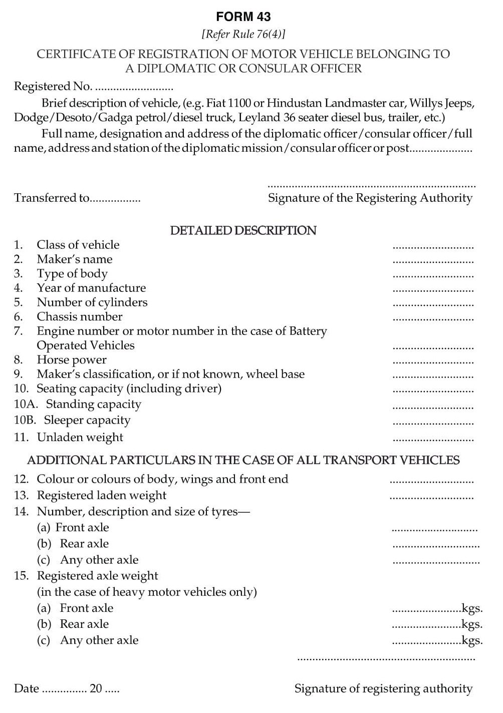 Vehicles Related Form 43 Download Certificate of Registration of a Motor Vehicle