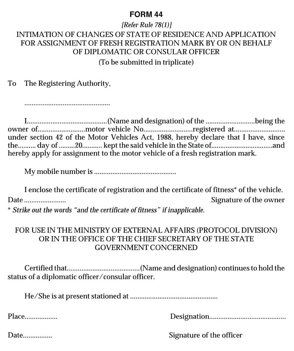 Vehicles Related Form 44 Download Intimation of Changes of State of Residence