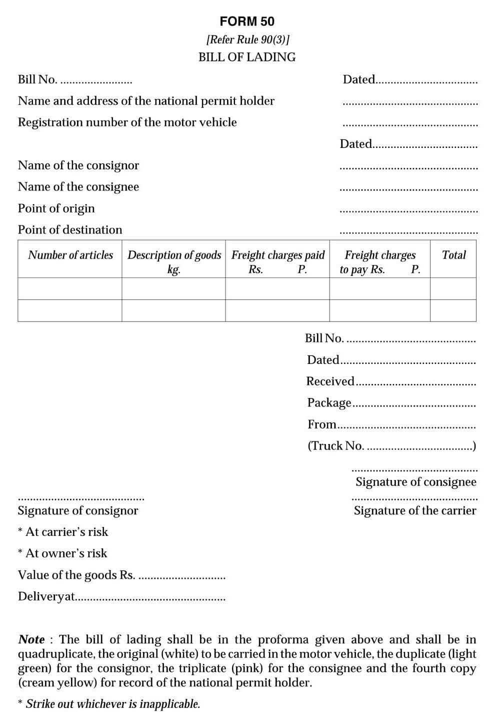 Vehicles Related Form 50 Download Bill of Lading