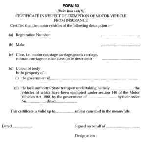 Vehicles Related Form 53 Download Certificate in Respect of Exemption of Motor vehicle