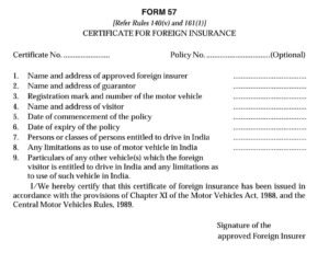 Vehicles Related Form 57 Download Certificate for foreign Insurance