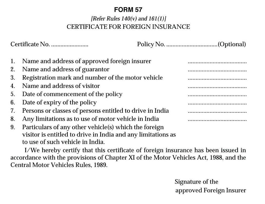 Vehicles Related Form 57 Download Certificate for foreign Insurance