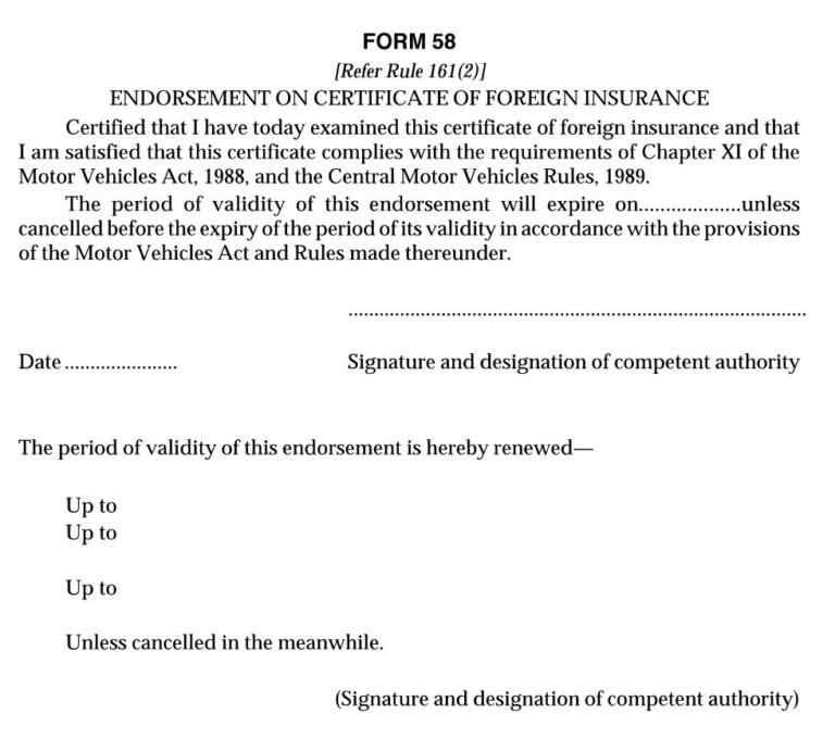 Vehicles Related Form 58 Download Endorsement on certificate of foreign ...