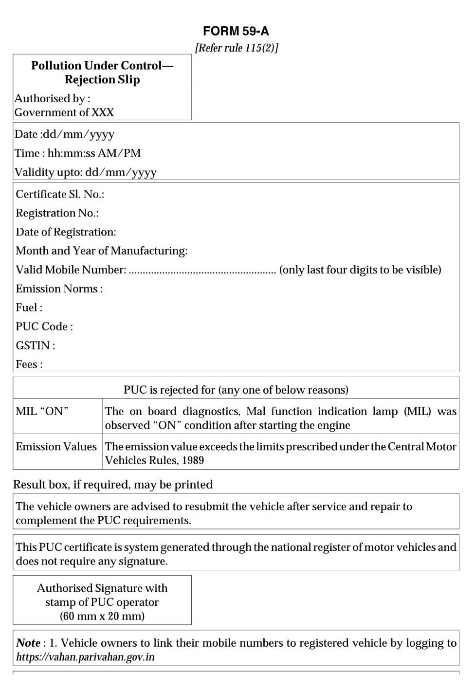 Vehicles Related Form 59A Download Pollution Under Control - Rejection Slip