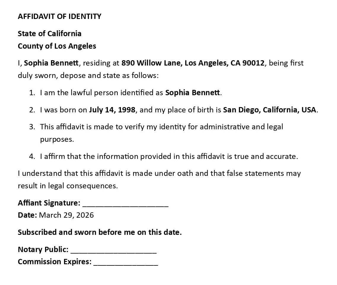 AFFIDAVIT OF IDENTITY