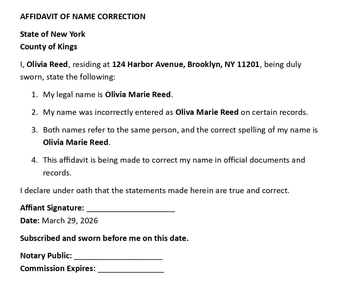 AFFIDAVIT OF NAME CORRECTION
