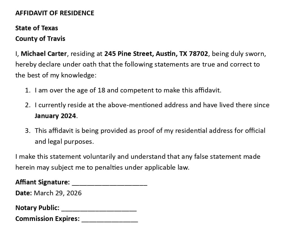 AFFIDAVIT OF RESIDENCE