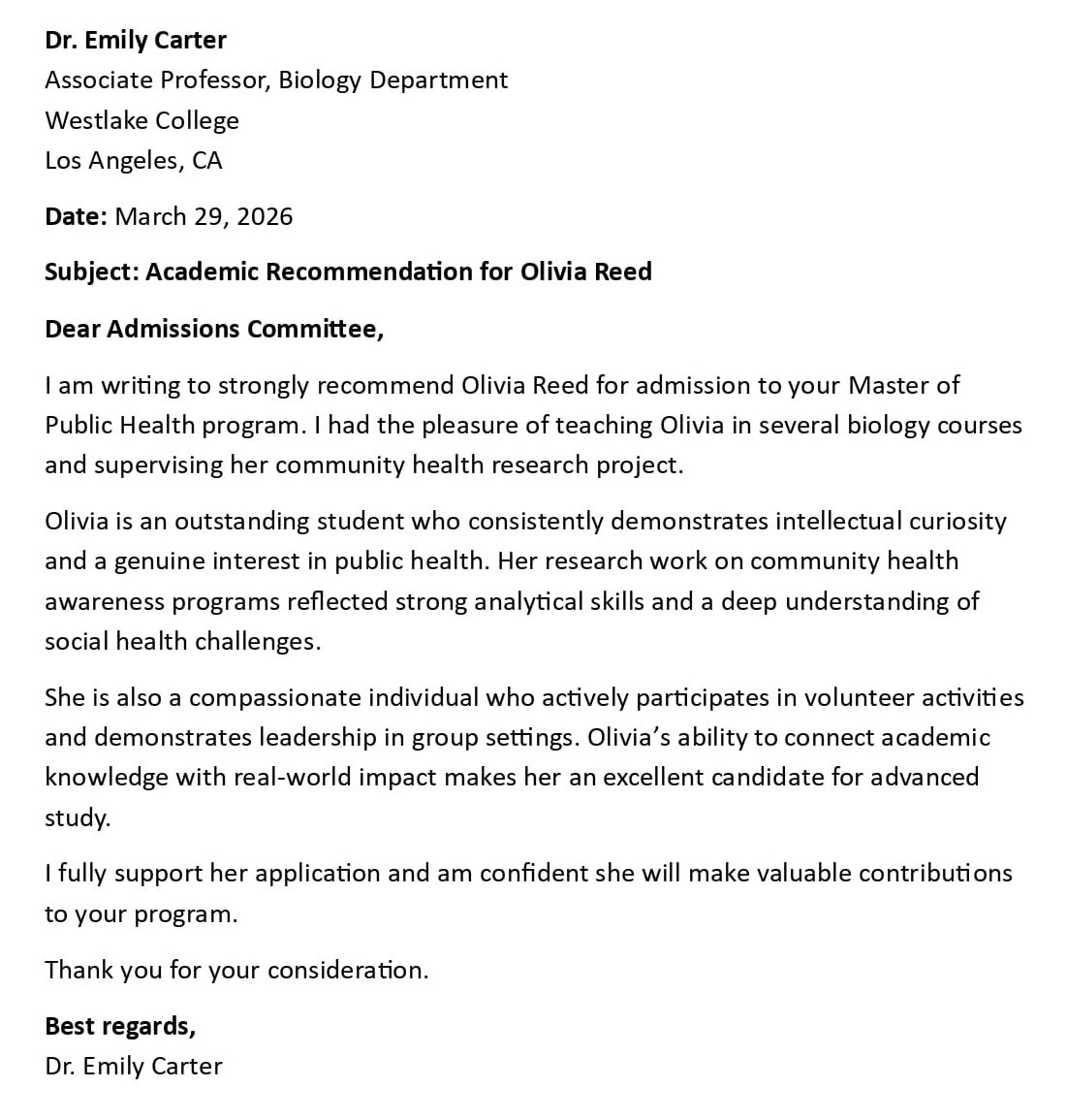 Academic Recommendation for Olivia Reed