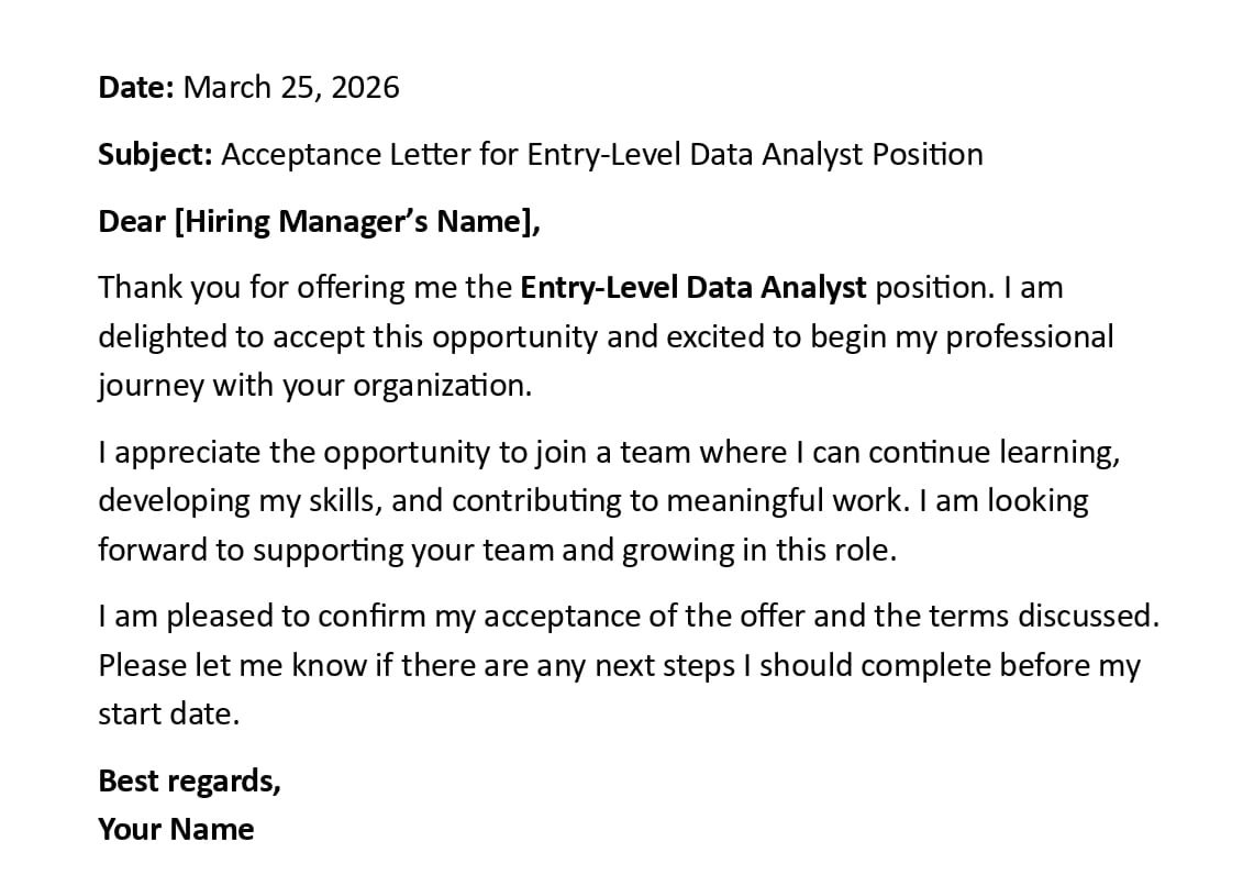 Acceptance Letter for Entry-Level Data Analyst Position