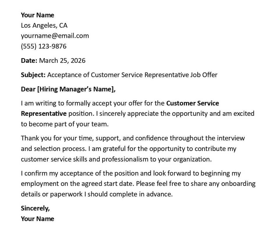 Acceptance of Customer Service Representative Job Offer