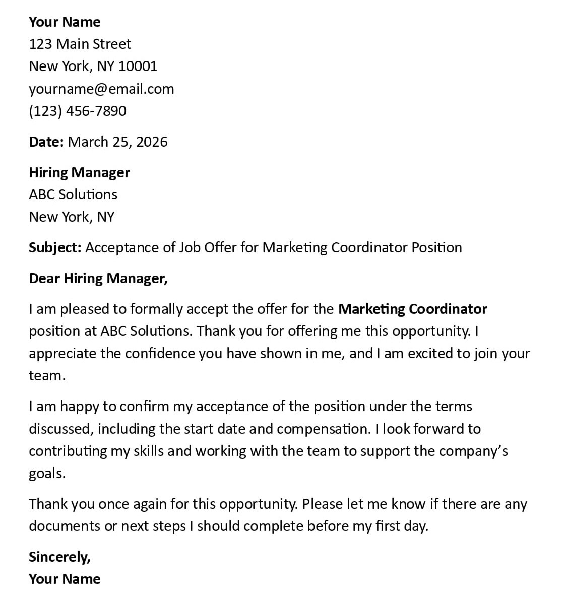 Acceptance of Job Offer for Marketing Coordinator Position