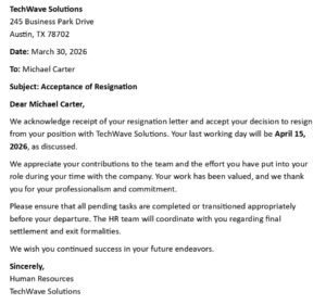Resignation Acceptance Letter (USA HR Format + 5 Templates)