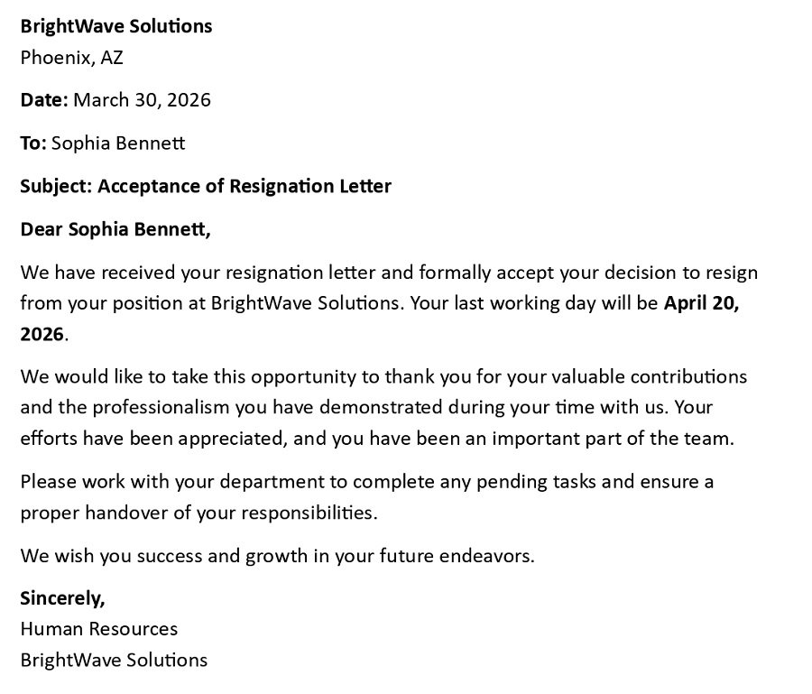 Acceptance of Resignation Letter