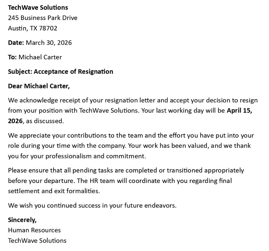 Acceptance of Resignation