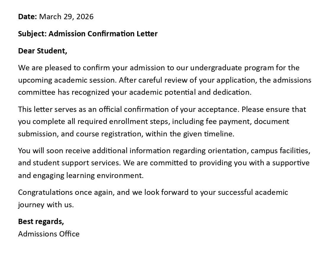 Admission Confirmation Letter