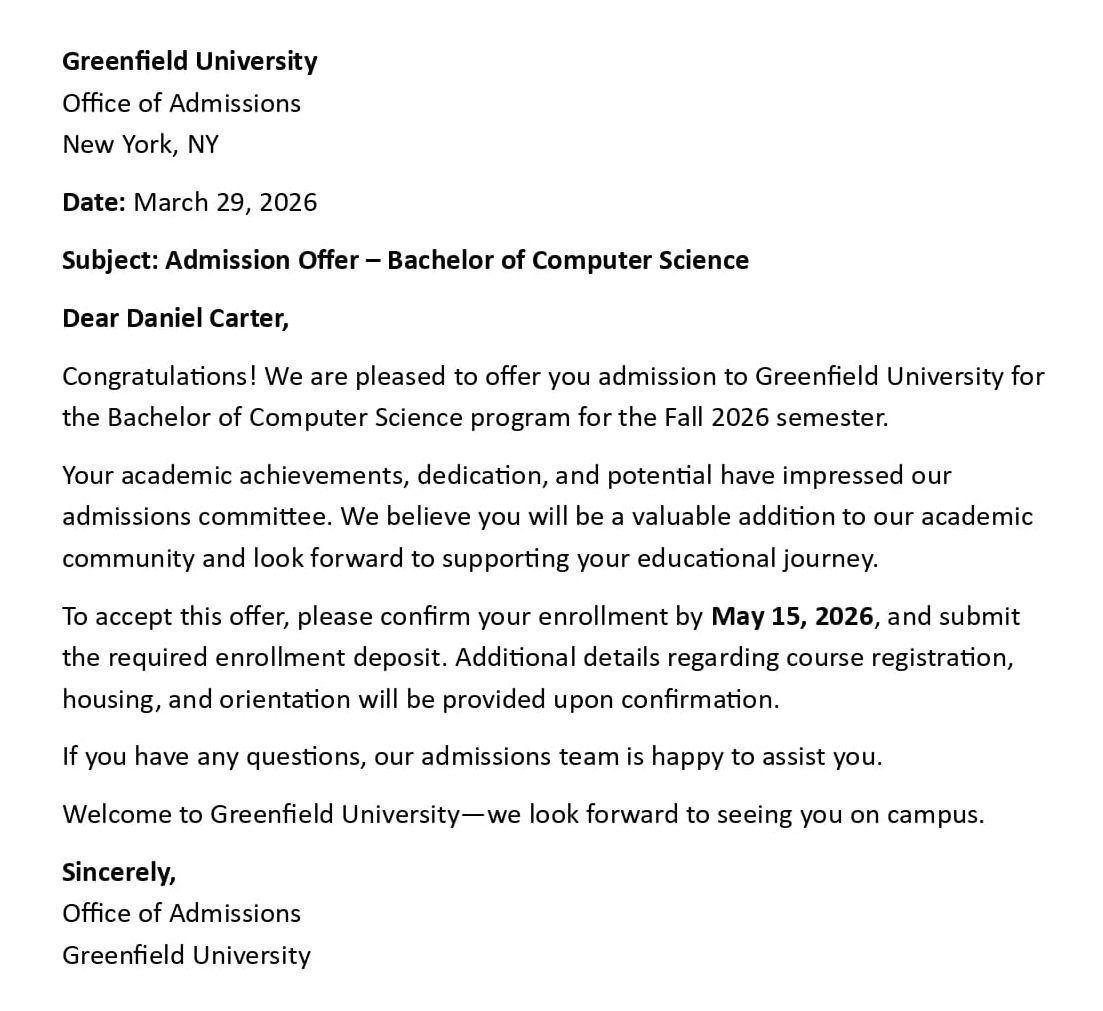Admission Offer – Bachelor of Computer Science