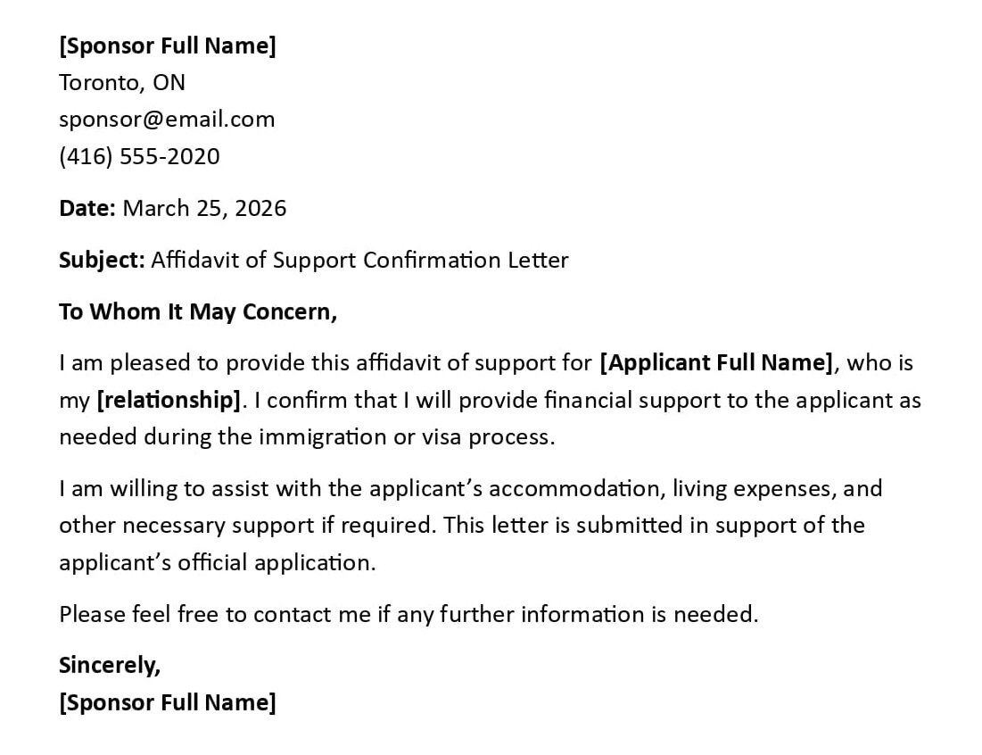 Affidavit of Support Confirmation Letter