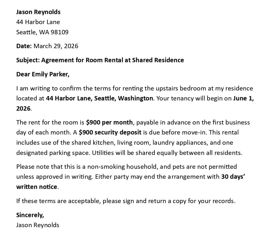 Agreement for Room Rental at Shared Residence