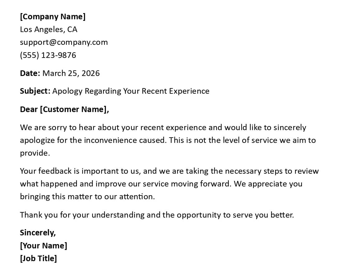 Apology Regarding Your Recent Experience