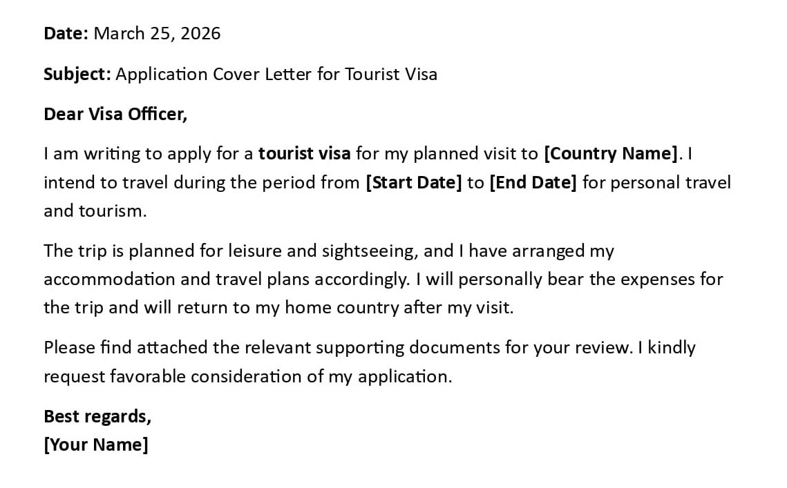 Application Cover Letter for Tourist Visa