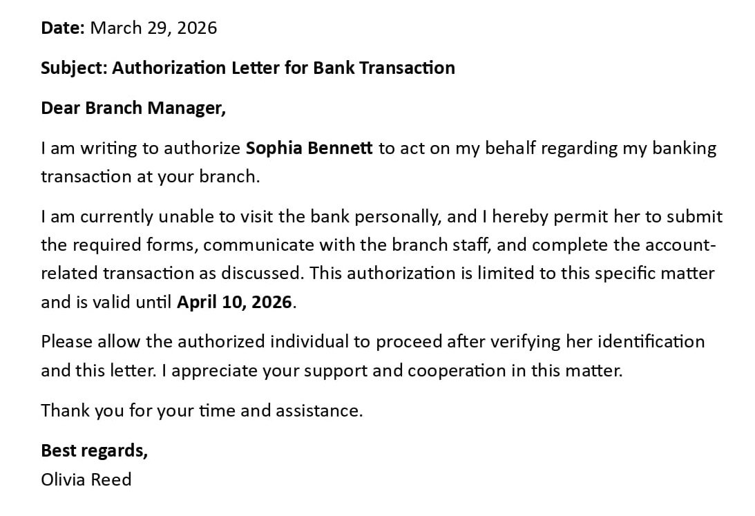 Authorization Letter for Bank Transaction