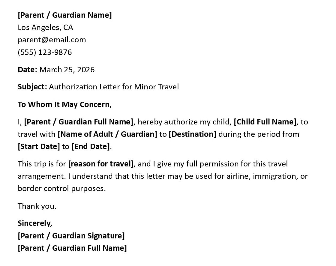 Authorization Letter for Minor Travel