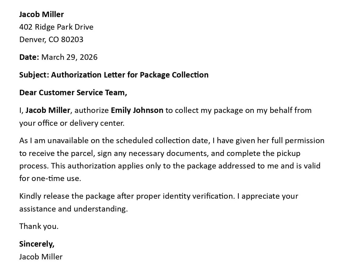 Authorization Letter for Package Collection