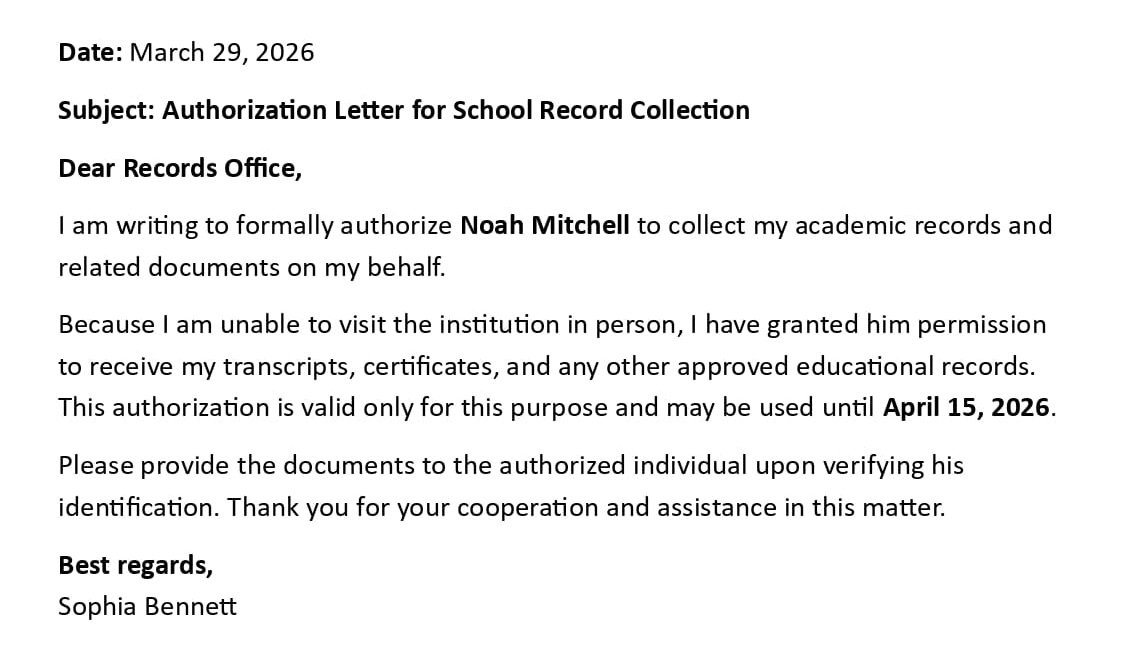 Authorization Letter for School Record Collection