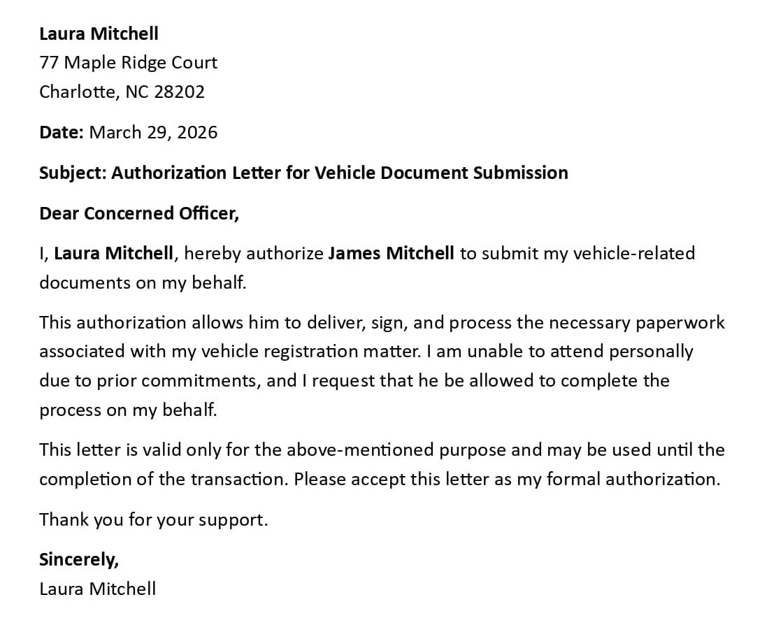 Authorization Letter for Vehicle Document Submission