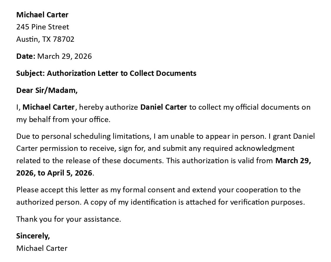 Authorization Letter to Collect Documents
