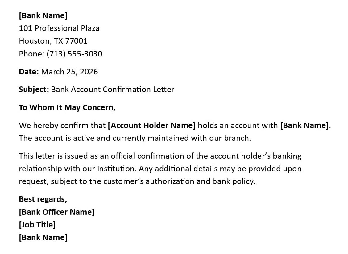 Bank Account Confirmation Letter
