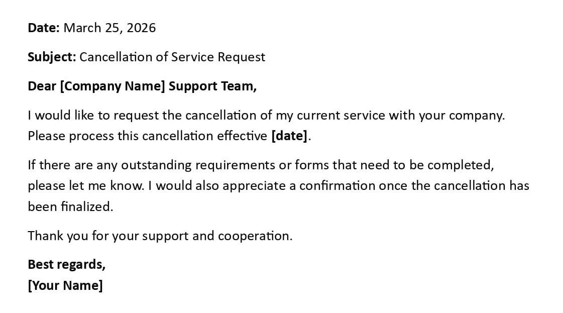 Cancellation of Service Request
